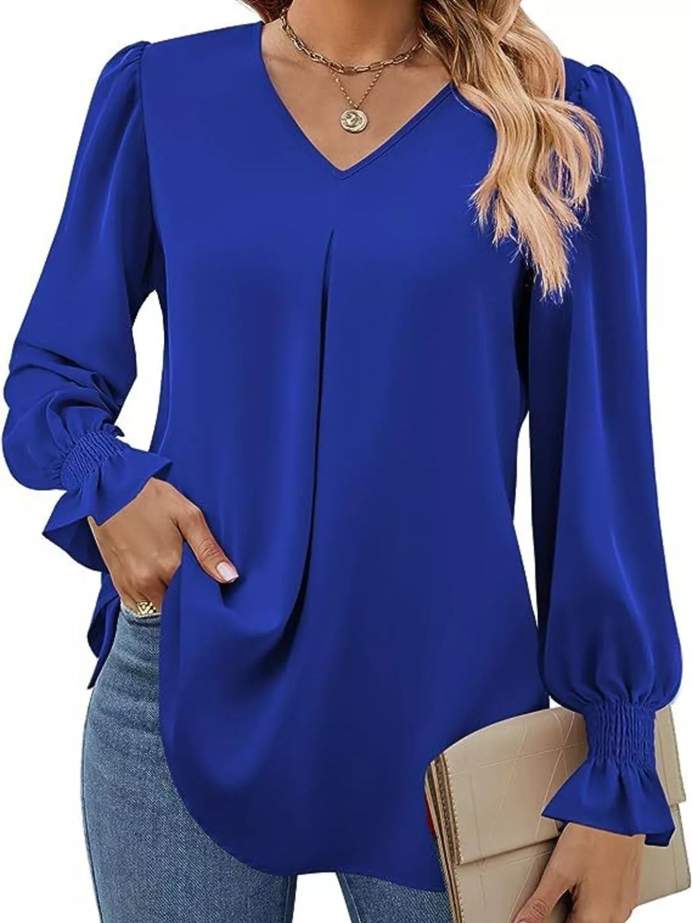 V-Neck Long Sleeve Ruffle Cuff Blouse