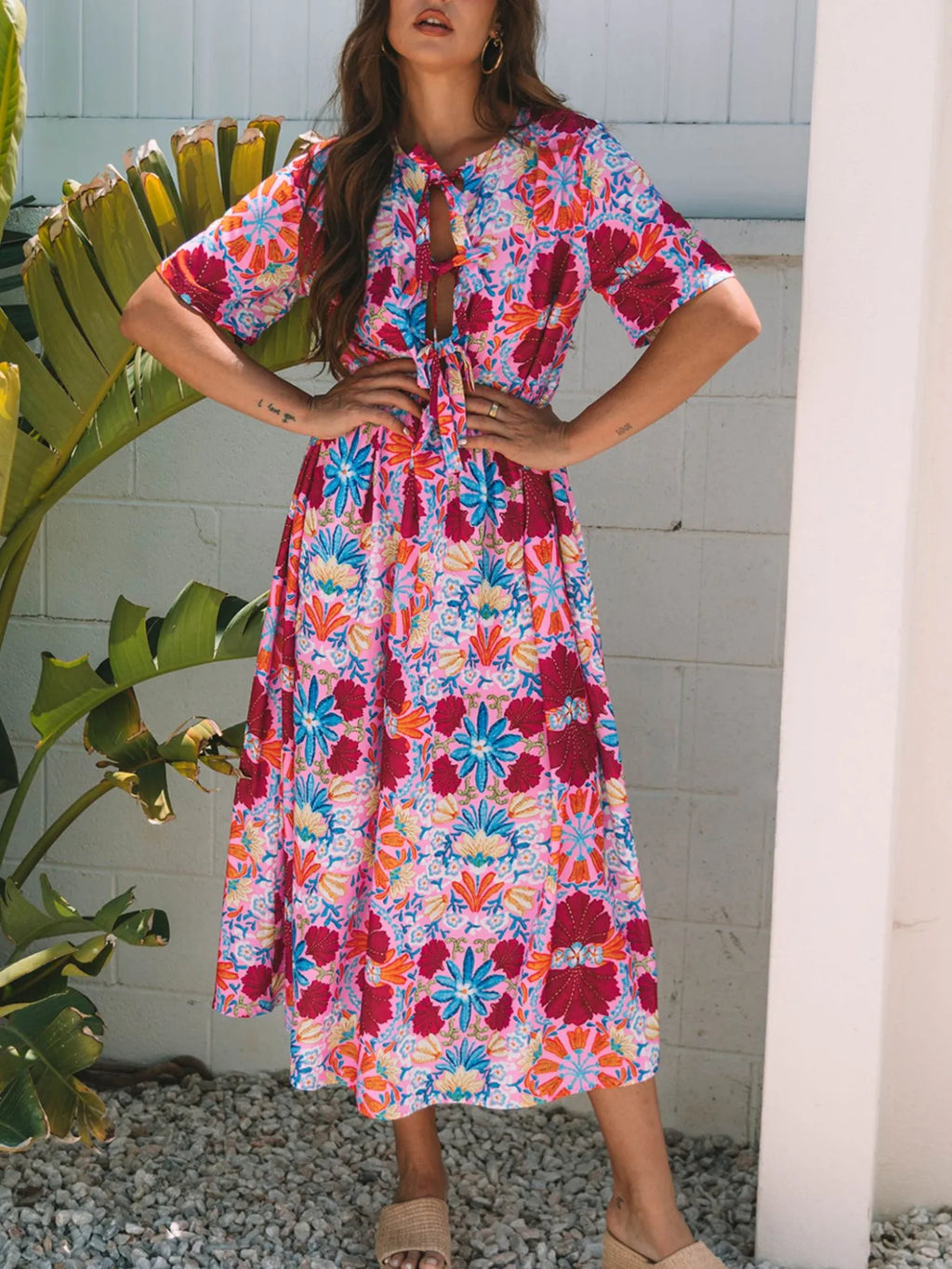 Floral Print Tie Front Midi Dress