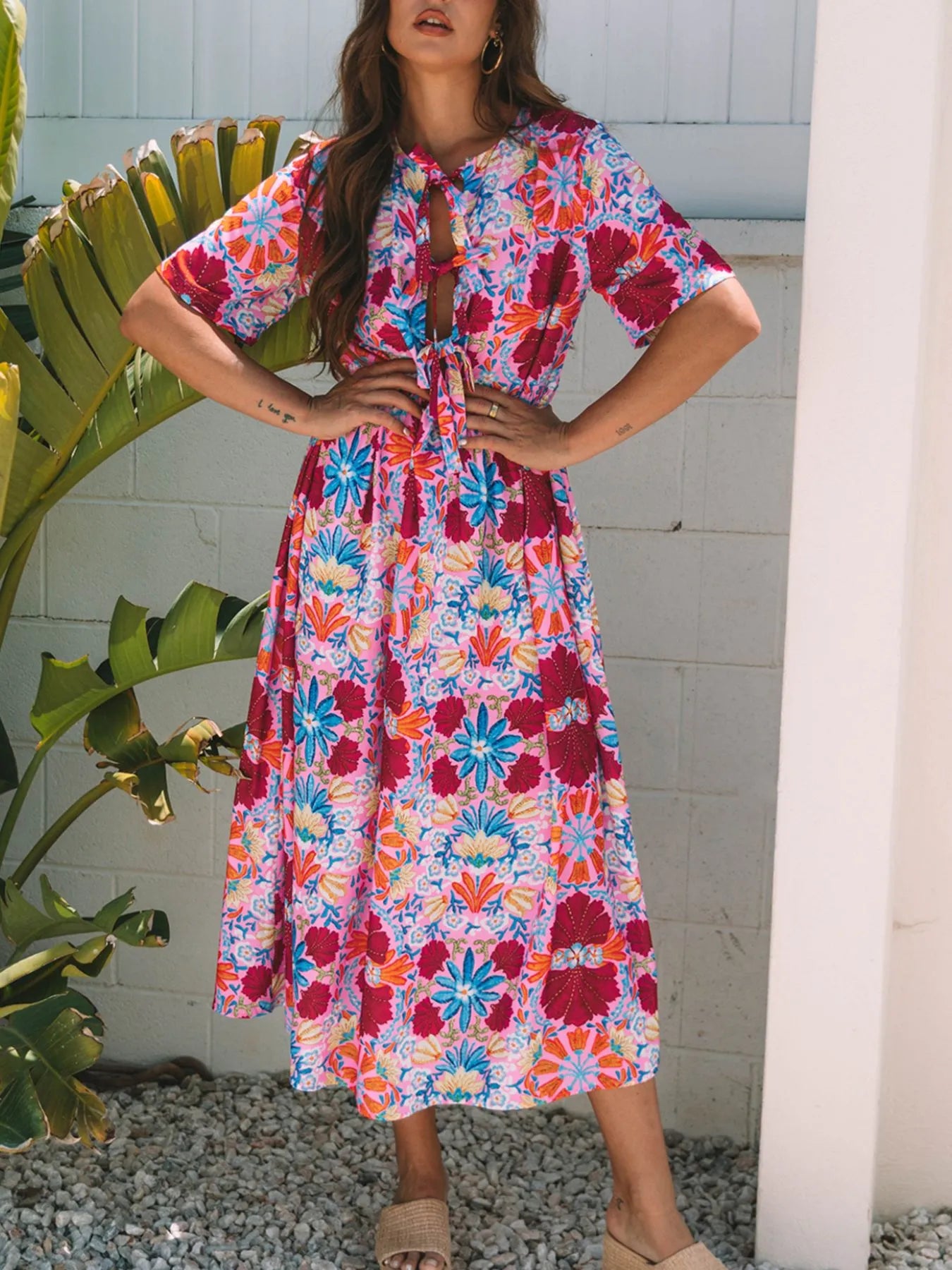 Floral Print Tie Front Midi Dress