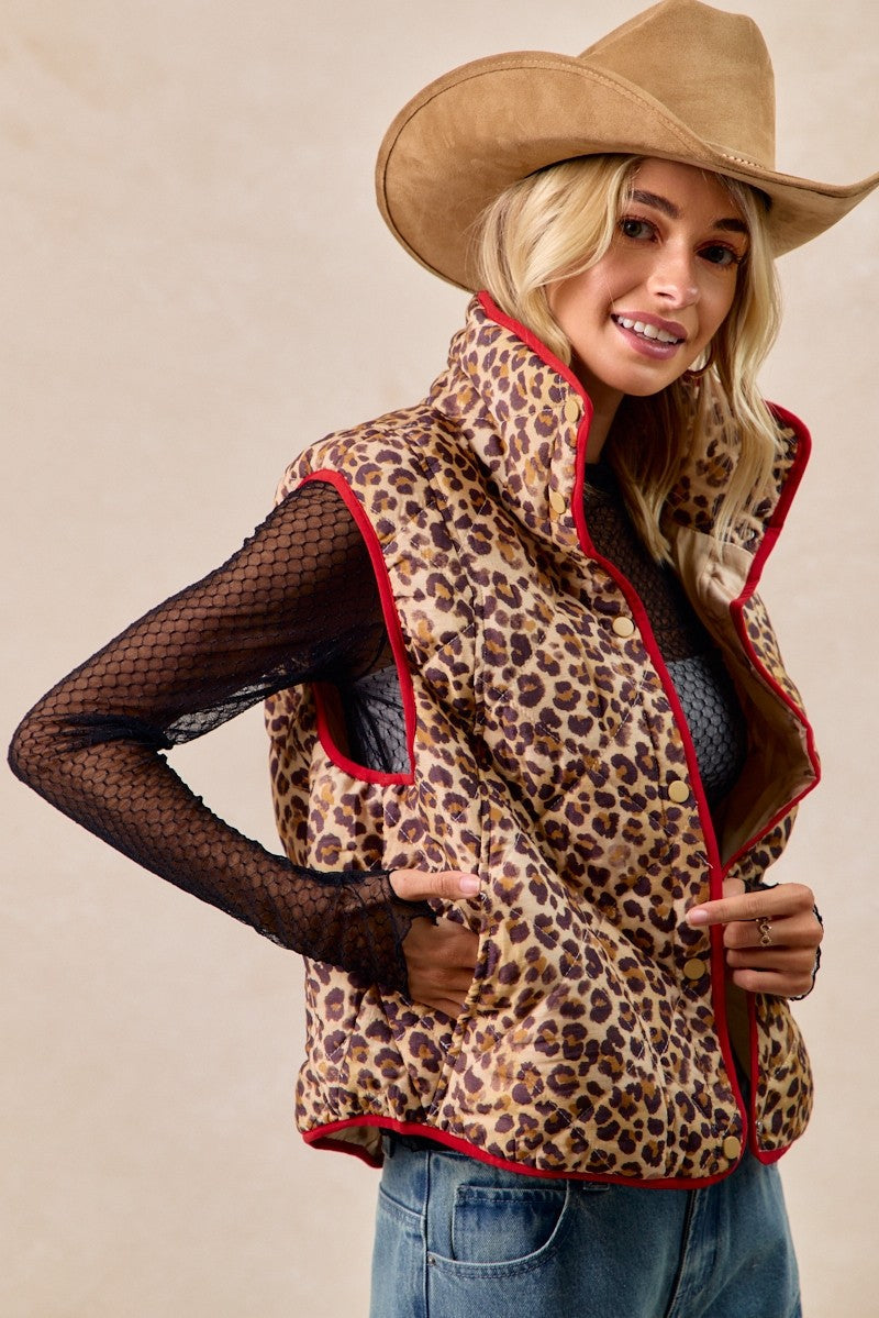 BiBi Leopard Print Piping Detail Quilted Vest