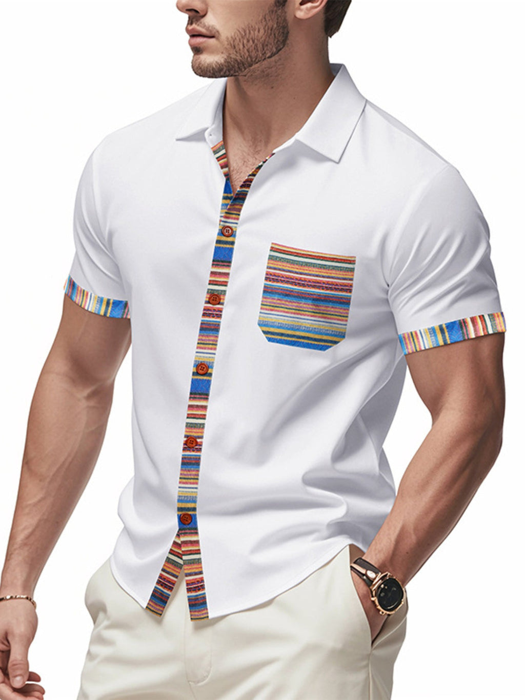 Men's Full Size Short Sleeve Shirt with Colorful Trim Plus Size