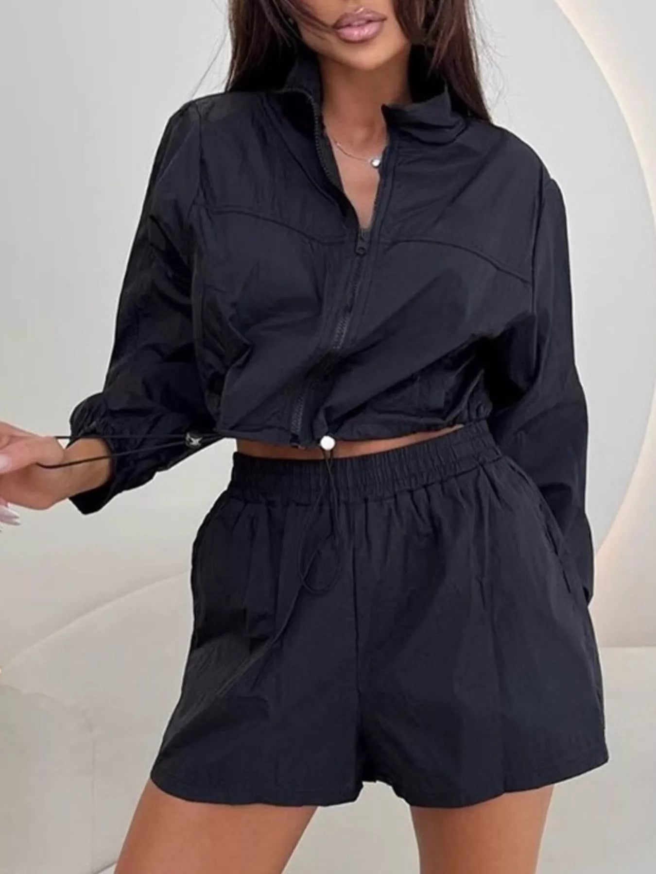 Zip Up Long Sleeve Outerwear and Shorts Set