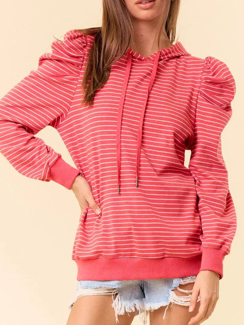 Striped Puff Sleeve Hoodie with Drawstring
