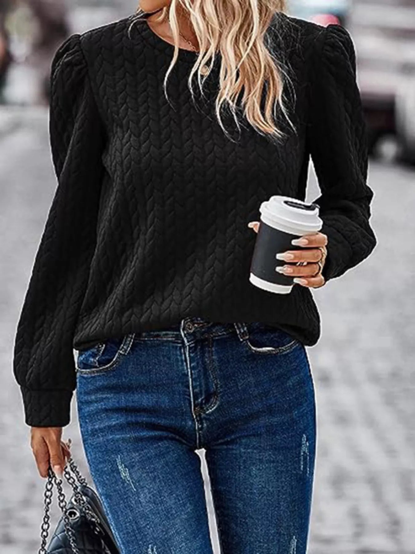 Texture Round Neck Long Sleeve Sweatshirt
