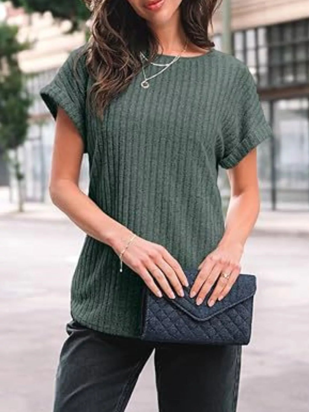 Casual Ribbed Knit Short Sleeve T-Shirt