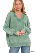 Zenana Washed Deep V-neck Oversized Sweater
