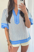 Stripe Color Block Detail V Neck Short Sleeve Blouse