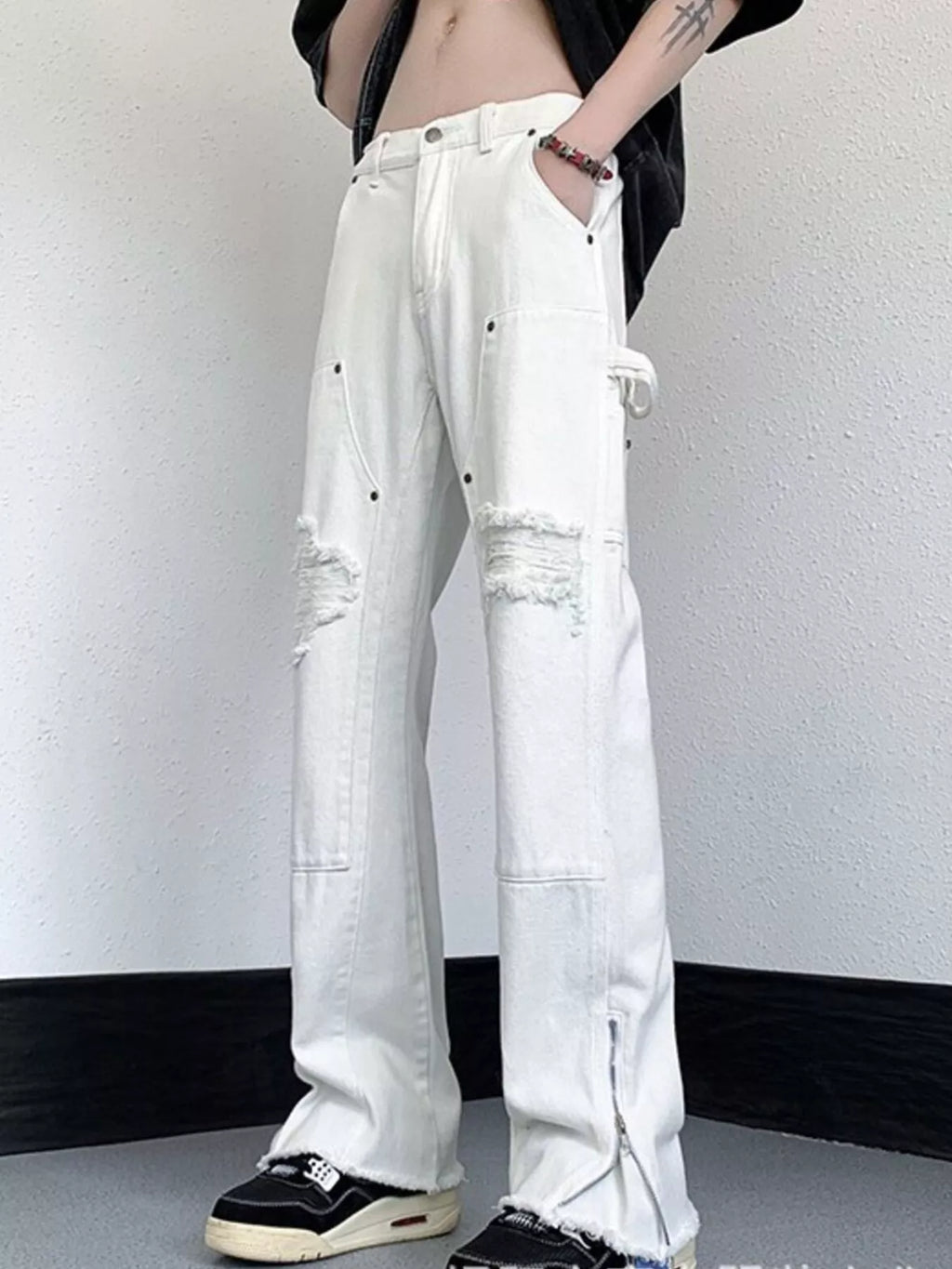 Men's Distressed Raw Hem Wide Leg Jeans