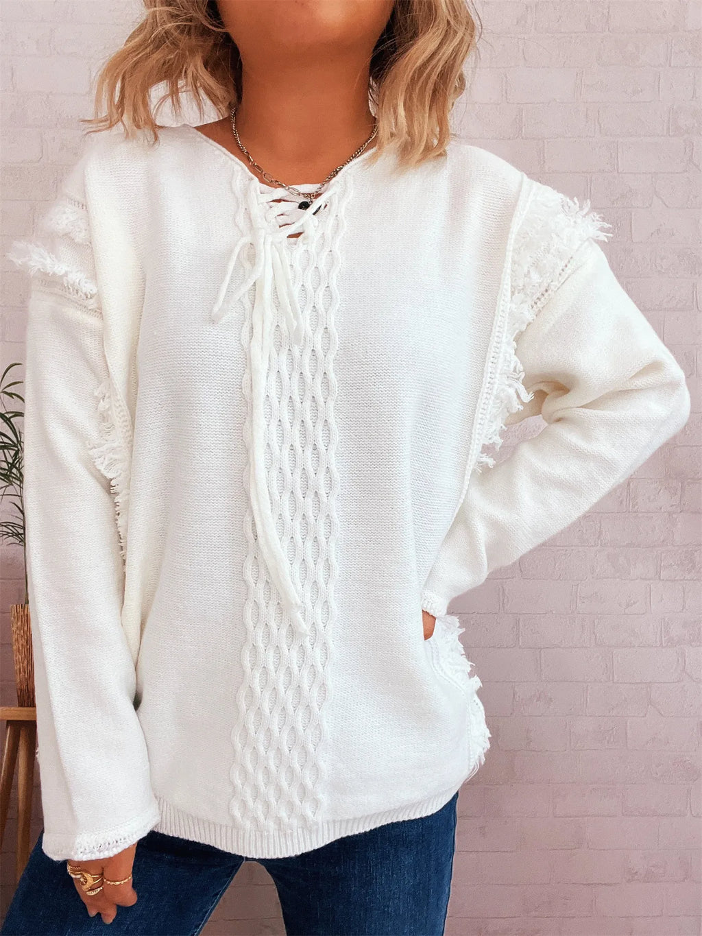 Raw Hem Lace Up Front Sweater