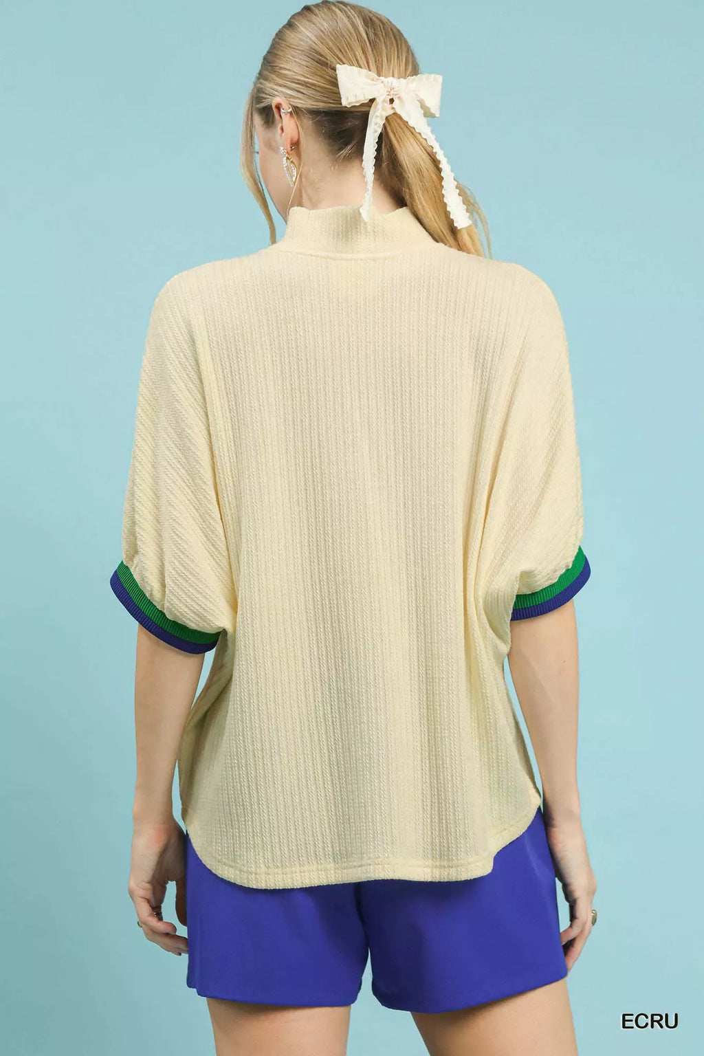 Umgee Textured Knit Top with Striped Contrast Trim