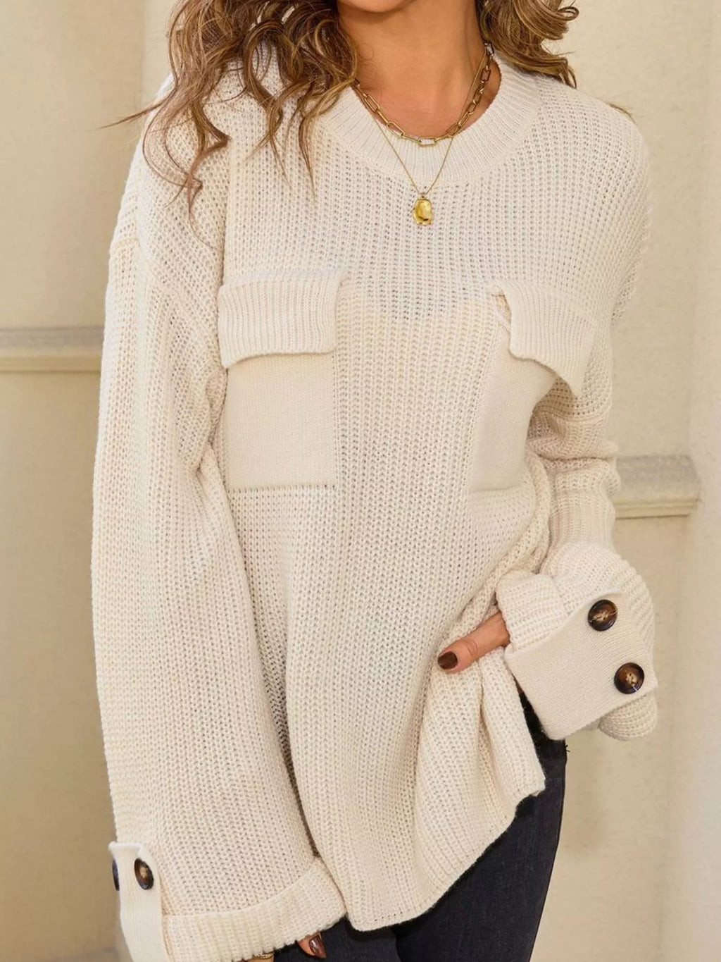 Pocket Detail Round Neck Sweater