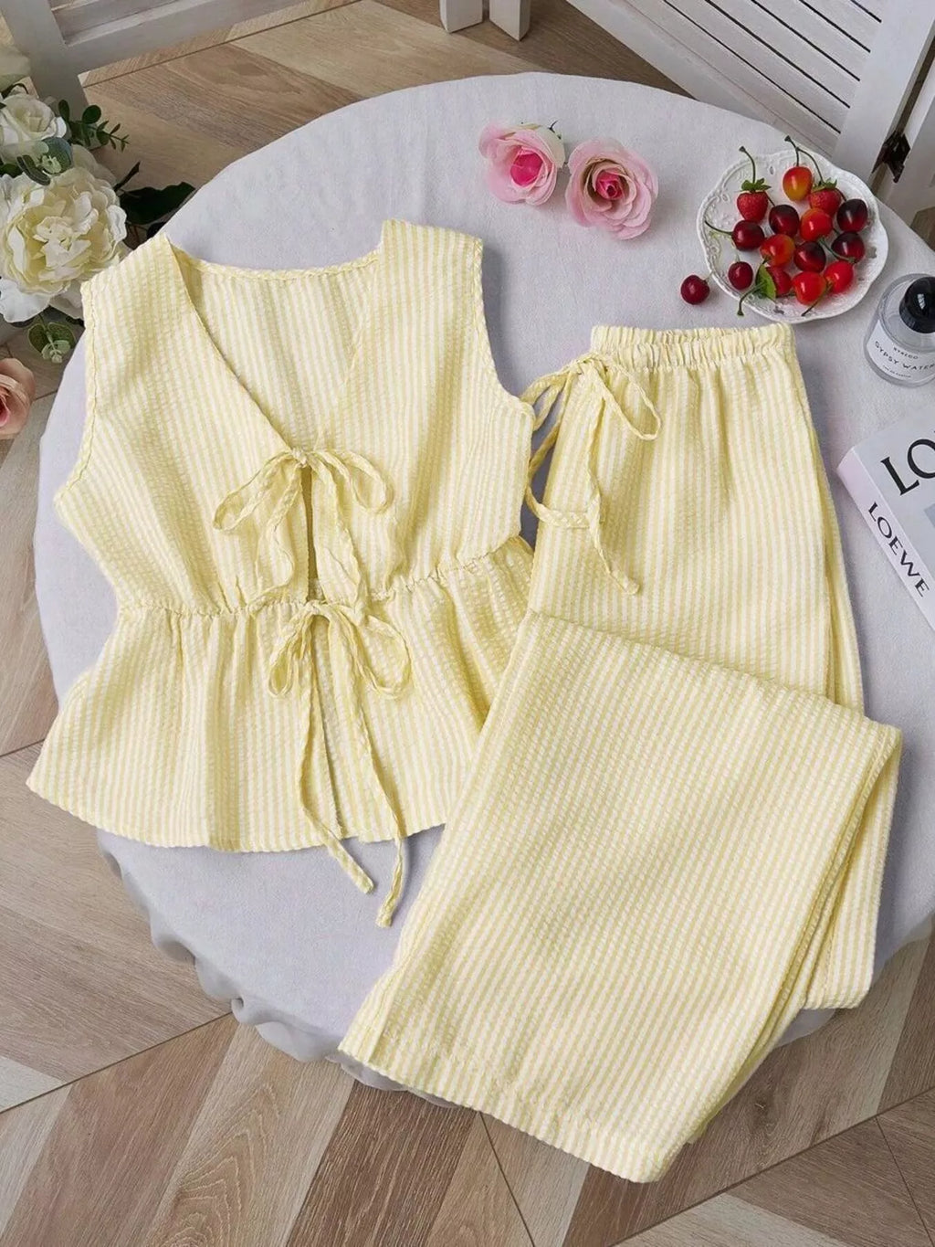 Striped Tie-Front Sleeveless Top and Pants Set
