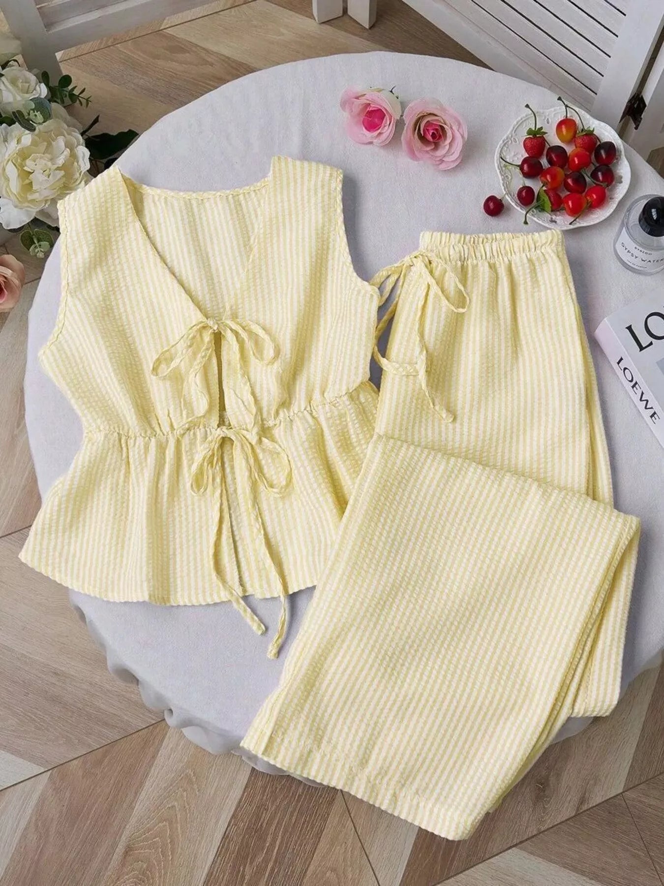 Striped Tie-Front Sleeveless Top and Pants Set