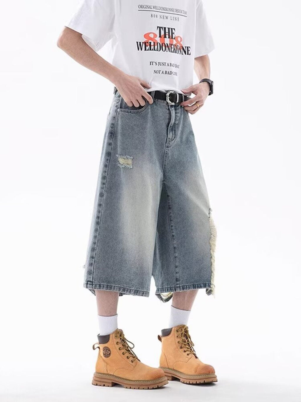 Men's Full Size Ripped Wide Leg Denim Shorts Plus Size