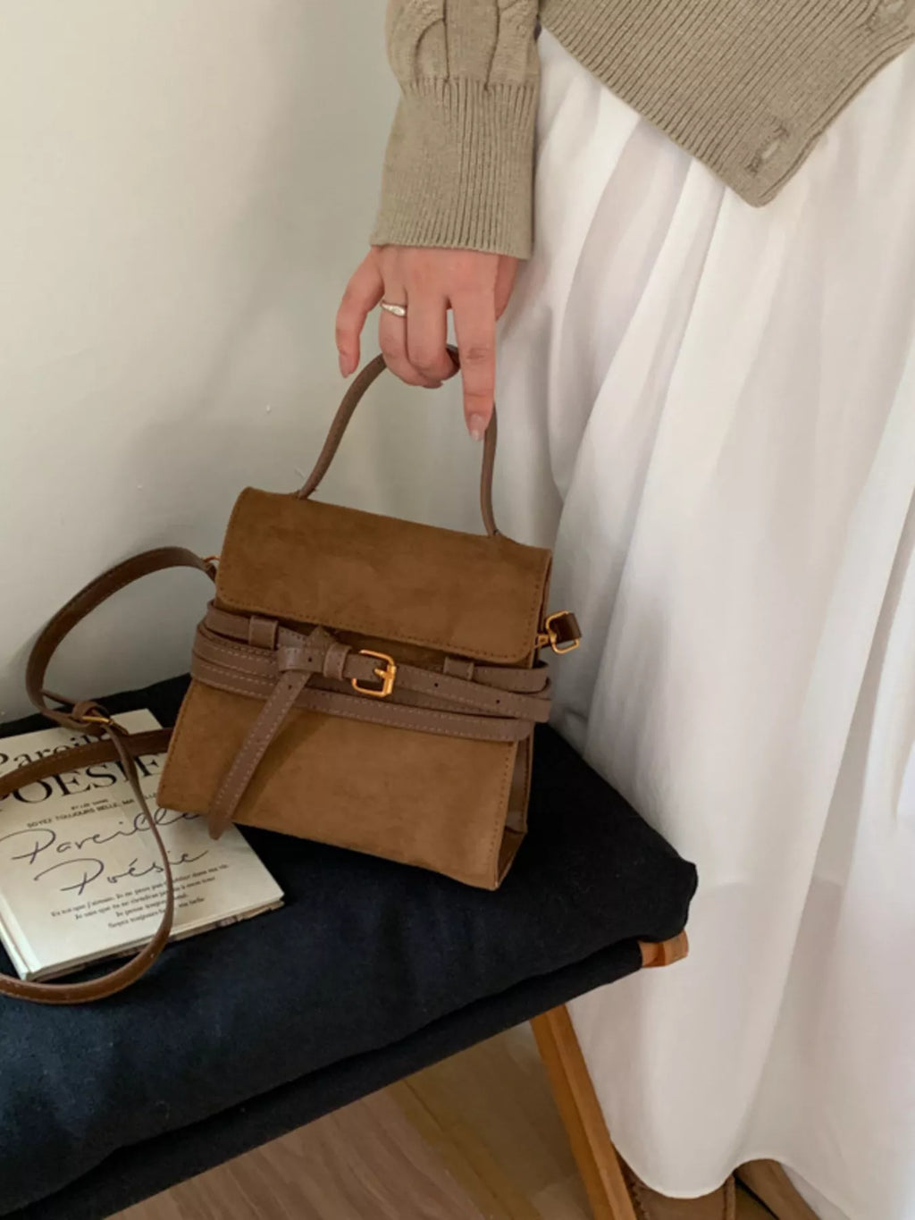 Suede Buckle Decor Crossbody Bag
