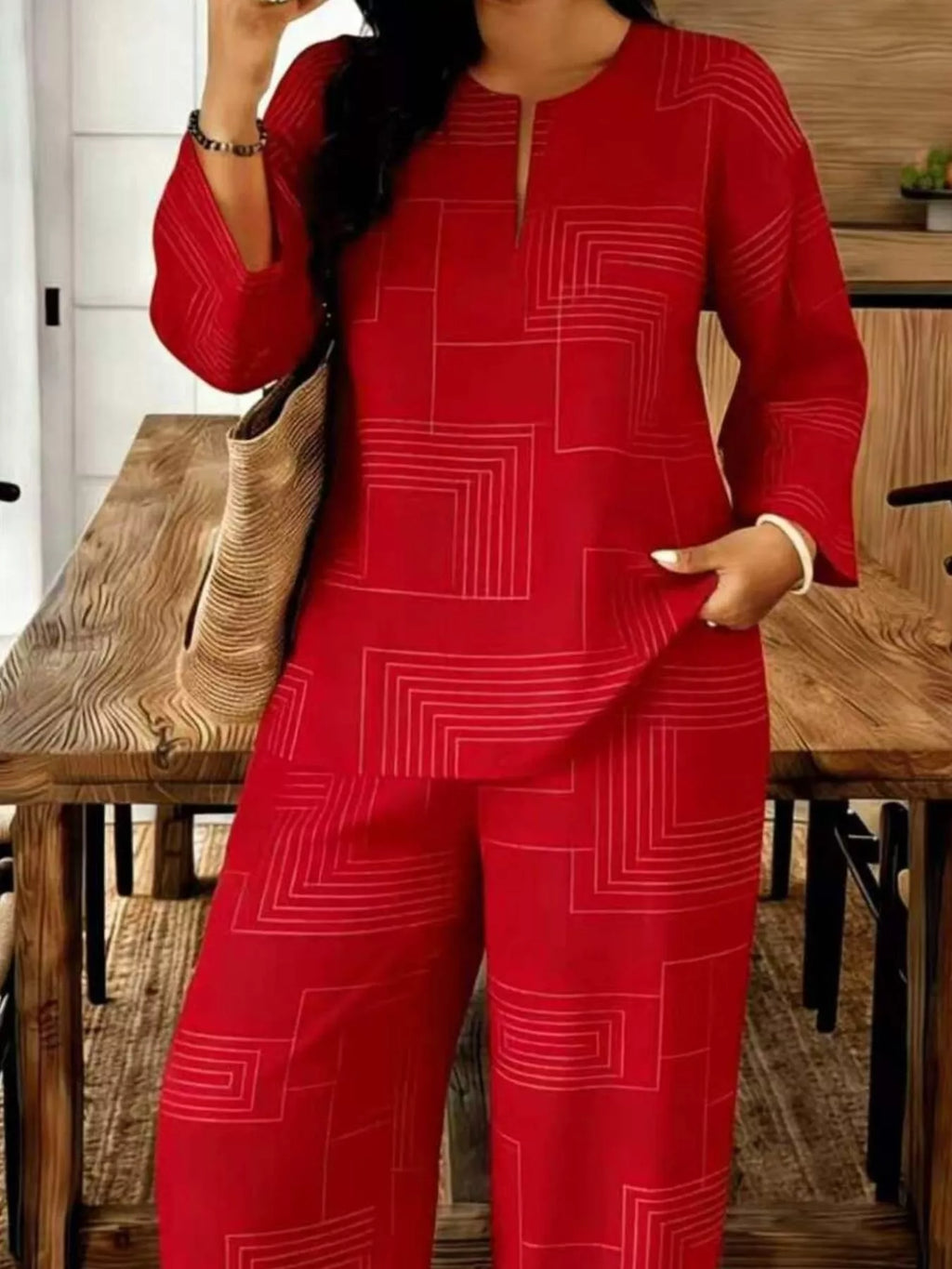 Geometric Print Relaxed Fit Top and Pants Set