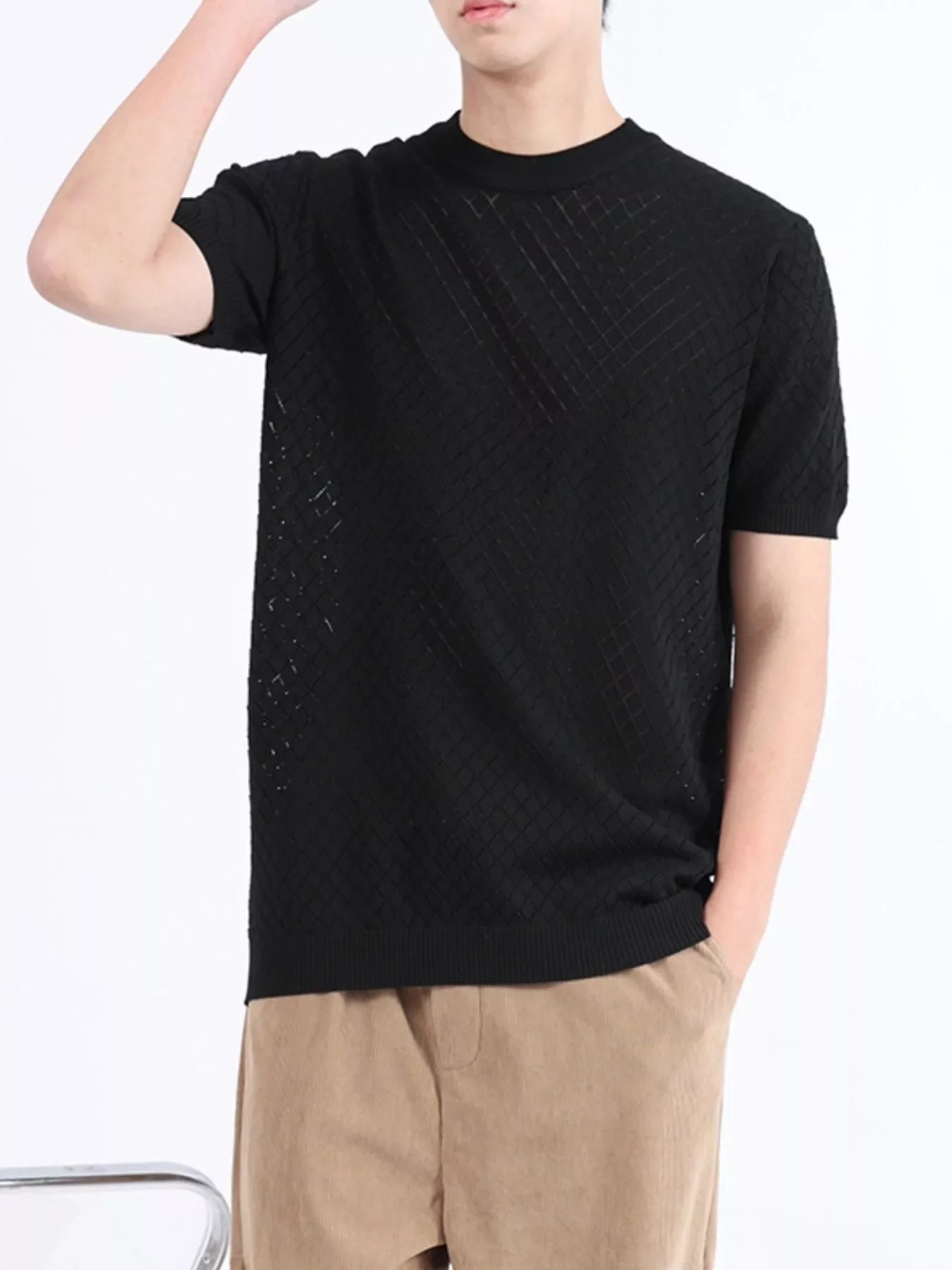 Men's Plus Size Diamond Pattern Knitted Short Sleeve T-Shirt