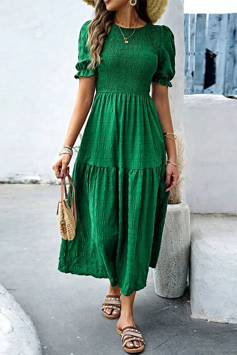 Smocked Puff Sleeve Midi Dress