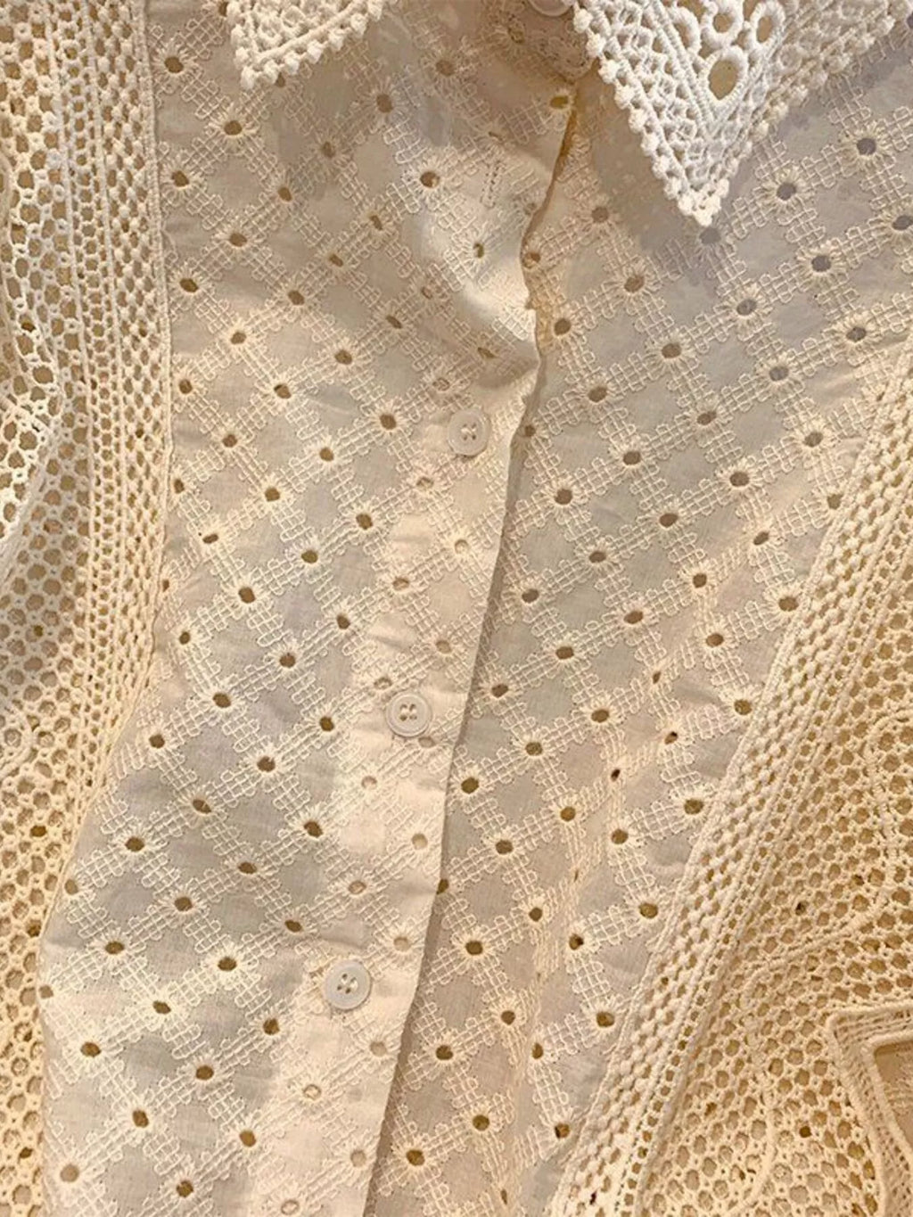 Eyelet Button-Up Shirt with Scalloped Hem