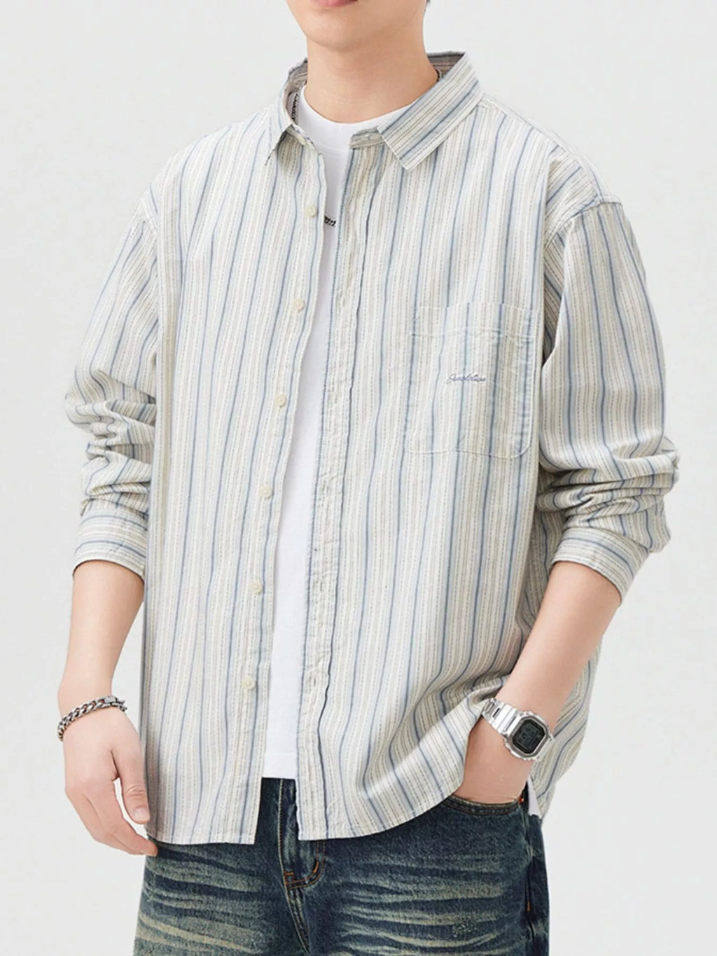 Men's Striped Button Up Long Sleeve Shirt