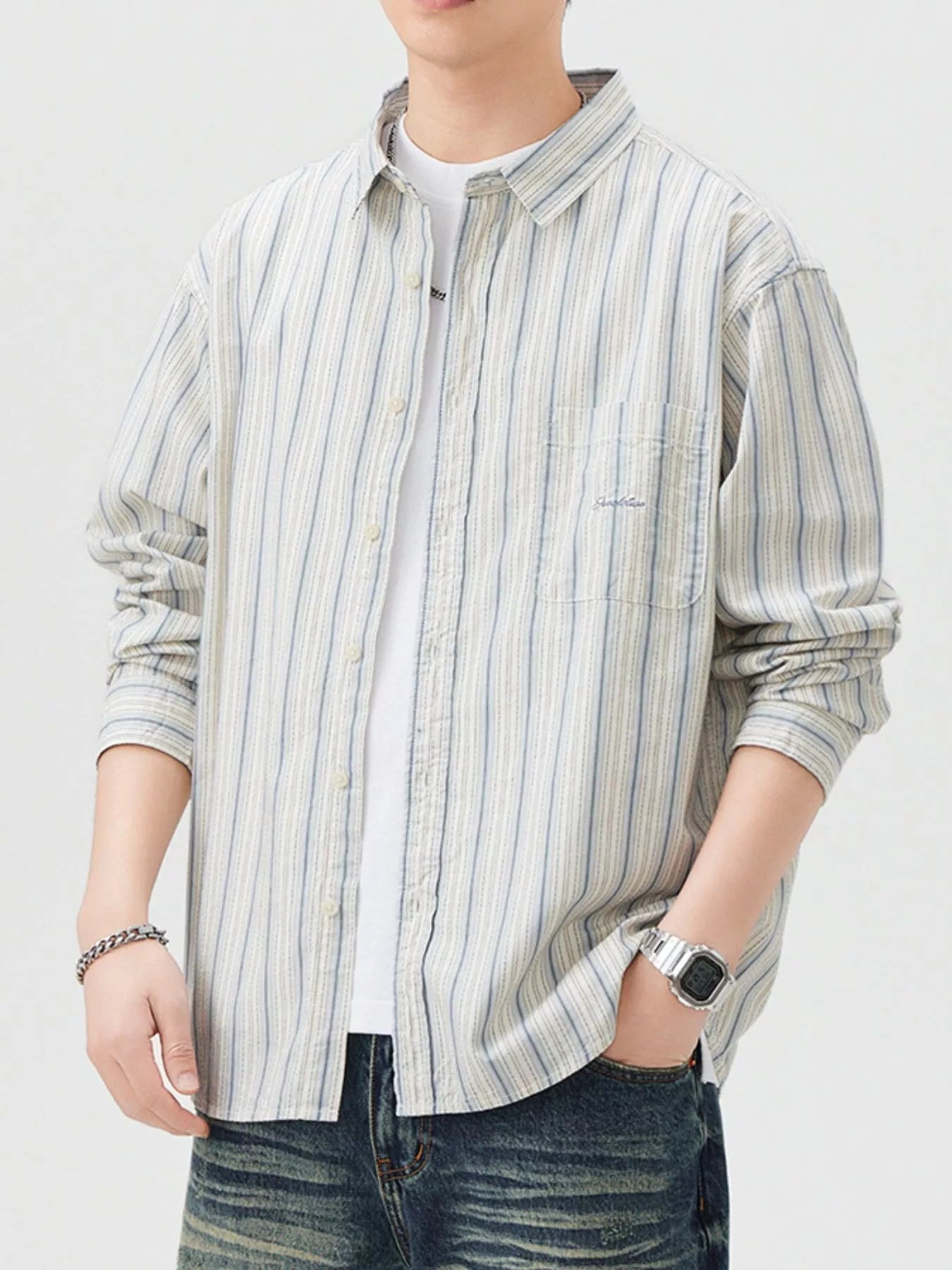 Men's Striped Button Up Long Sleeve Shirt