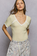 POL Lace Detail V-Neck Short Sleeve Textured T-Shirt