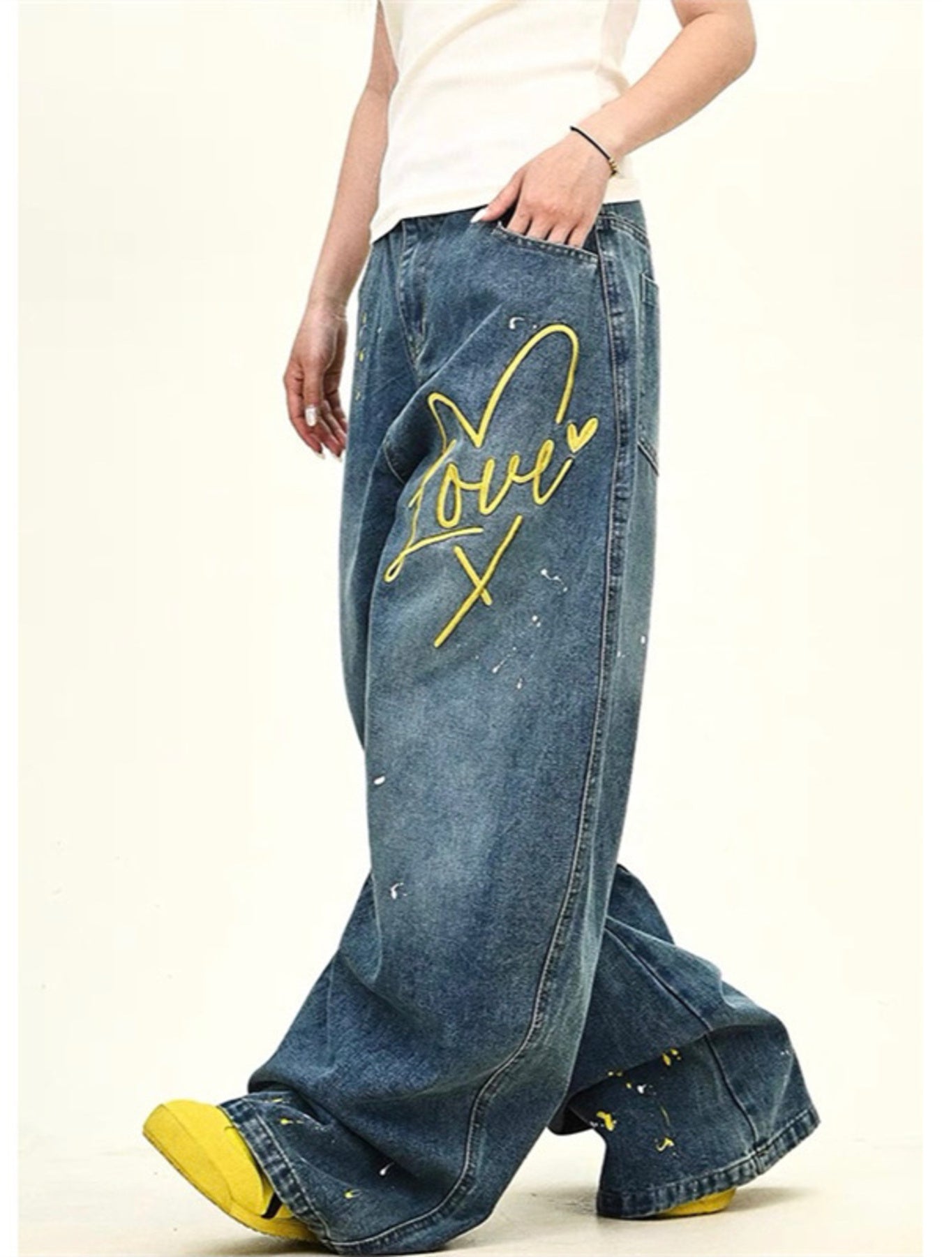 Men's Full Size Love Washed Wide Leg Jeans Plus Size