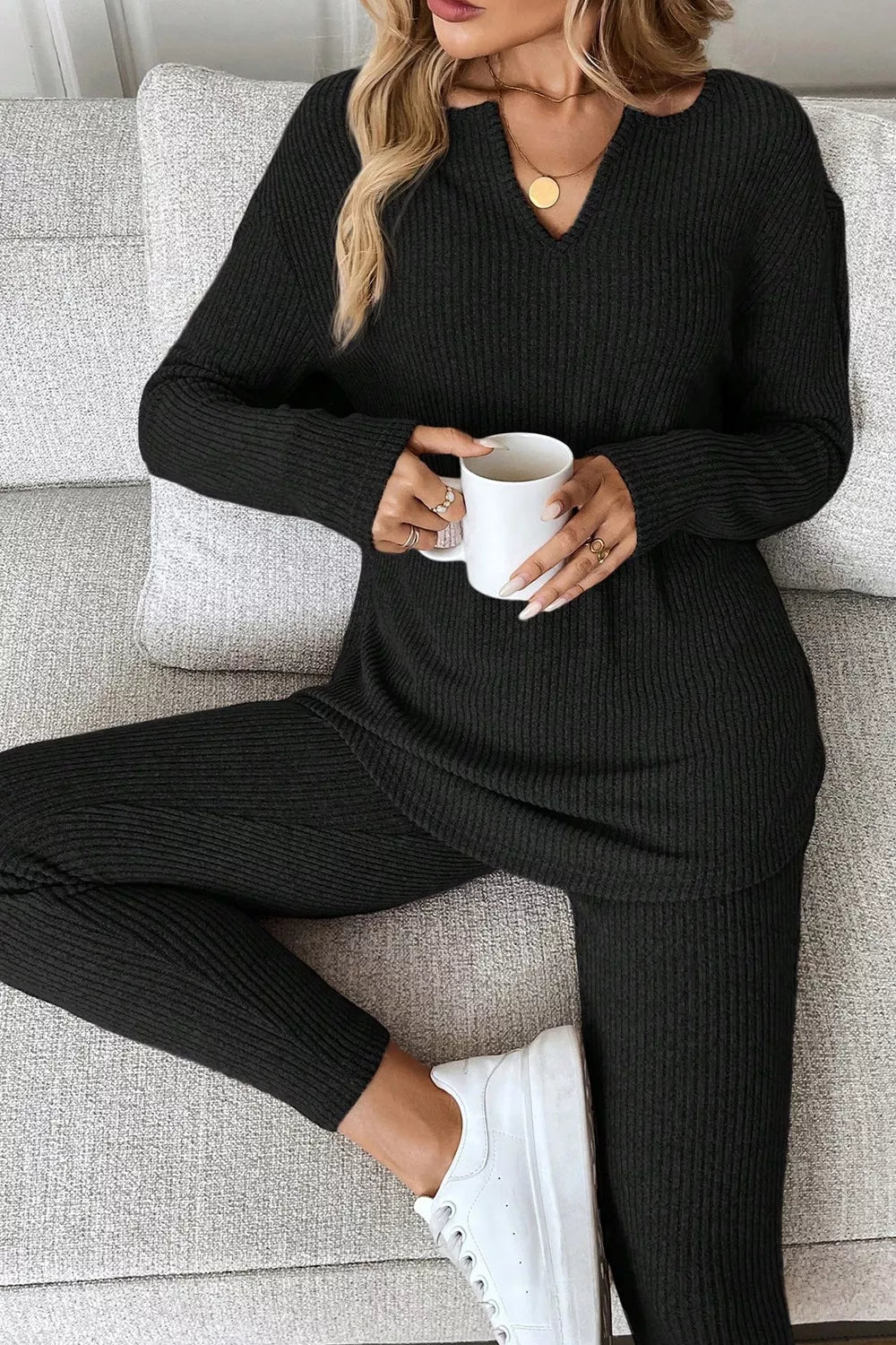 Notched Long Sleeve Top and Pants Set