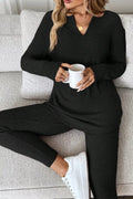 Notched Long Sleeve Top and Pants Set