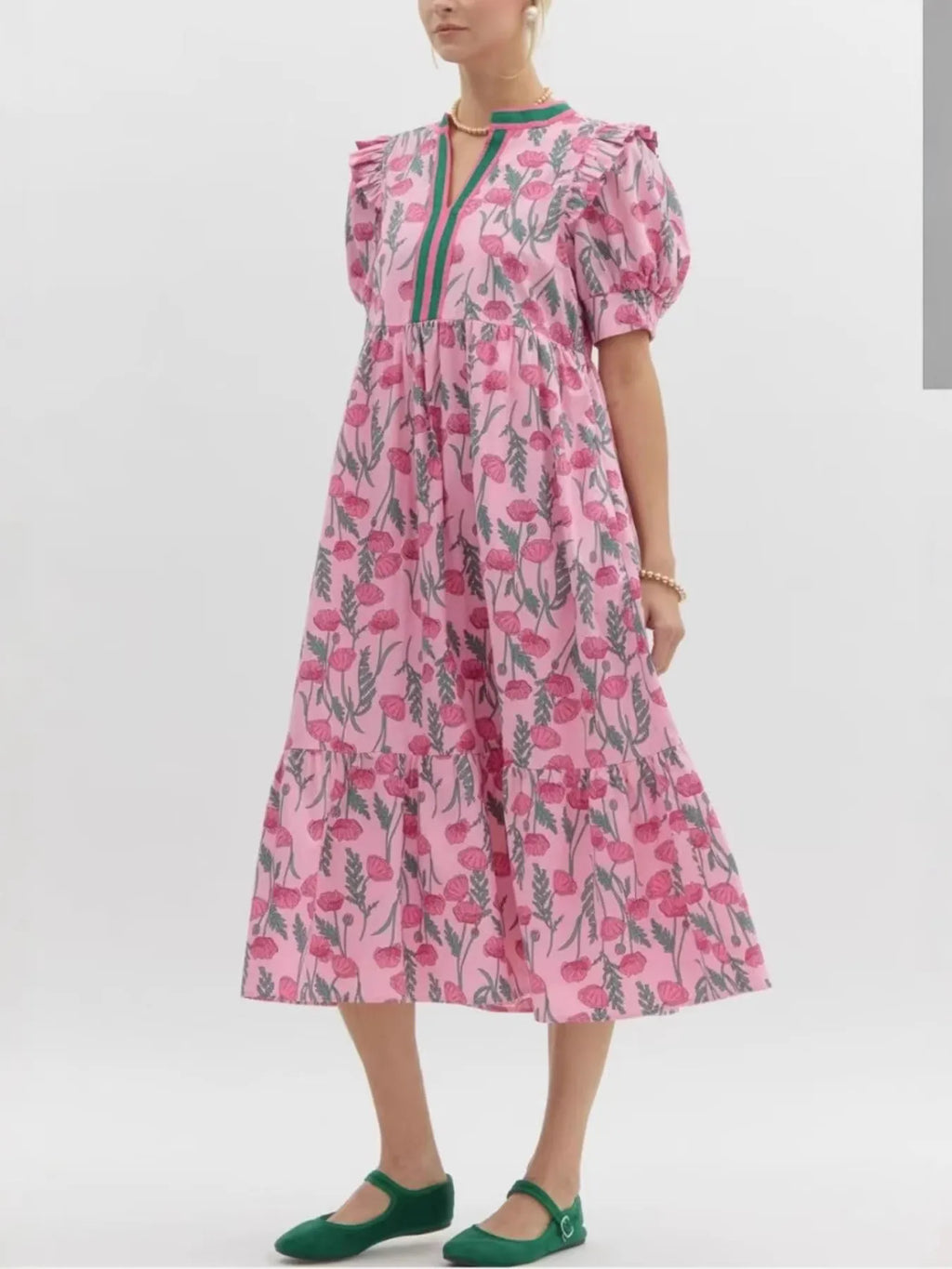 Floral Puff Sleeve Midi Dress with Contrast Trim