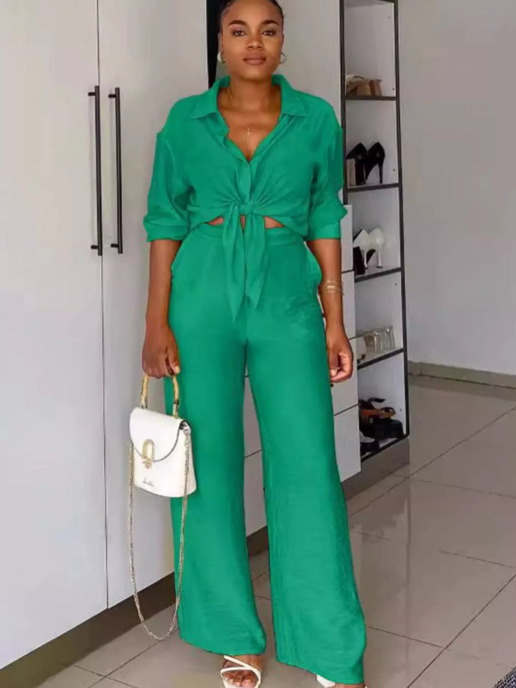 Tie-Front Top and Wide Leg Pants Set