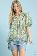 Umgee Abstract Print Ruffled Puff Sleeve Top