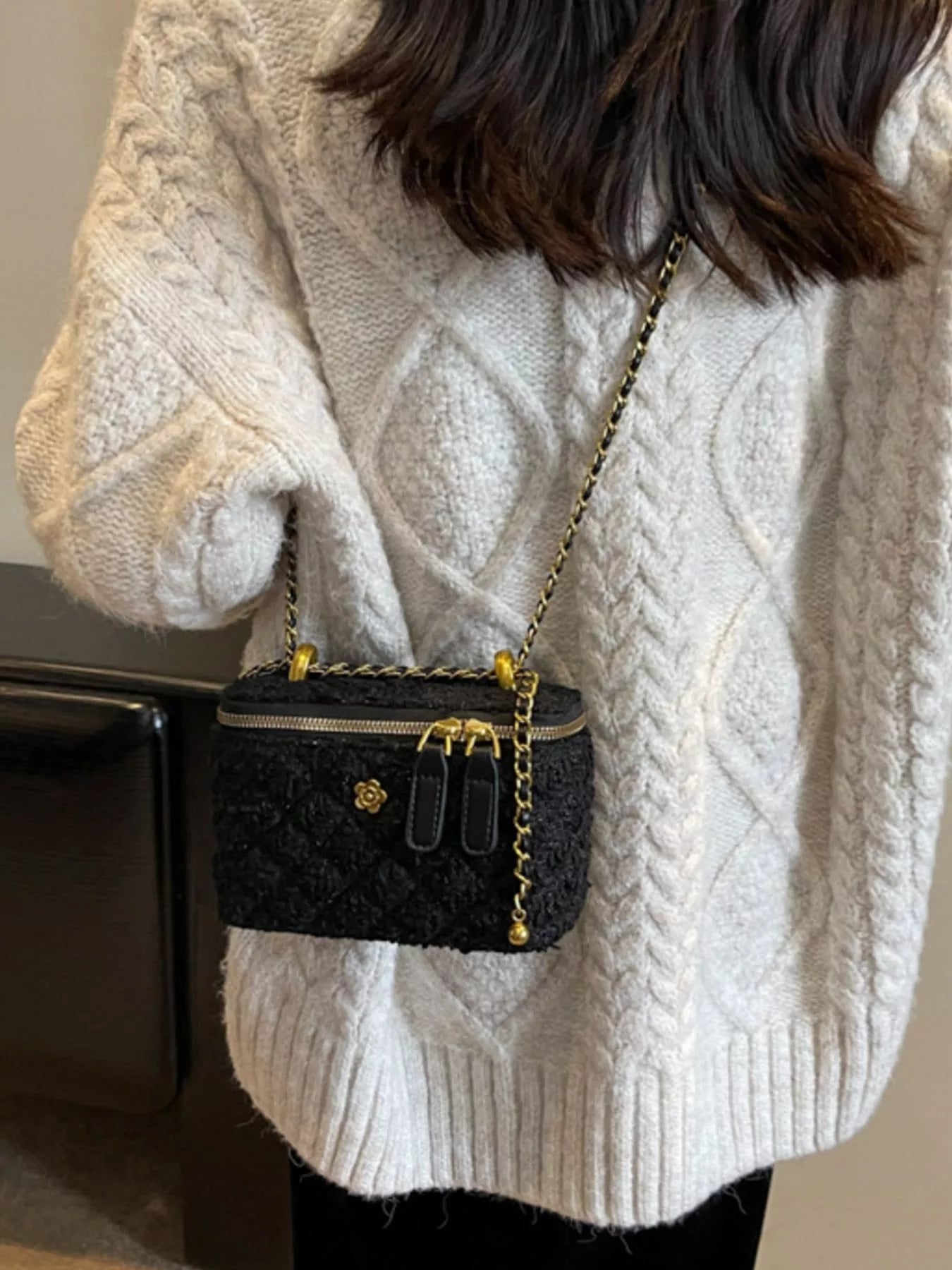 Tweed Crossbody Bag with Chain Strap