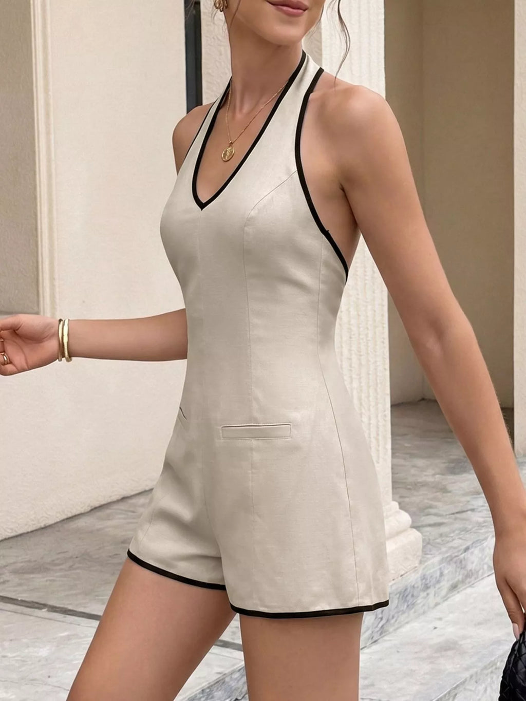 Halter Neck Romper with Contrasting Trim