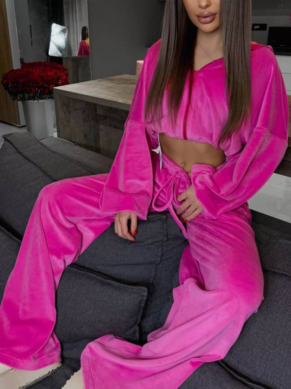 Zip Up Cropped Outerwear and Pants Set