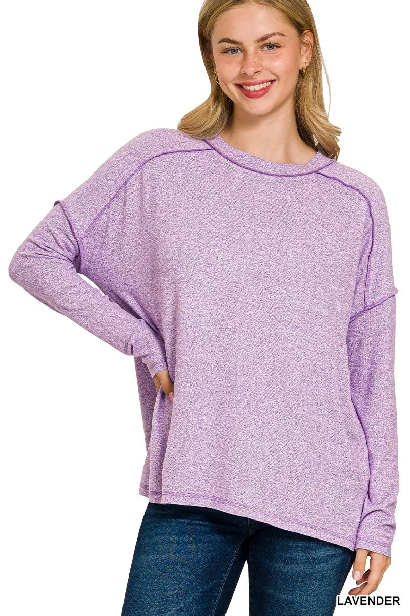 Zenana Full Size Melange Hacci Exposed Seam Hi-low Tee Plus Size