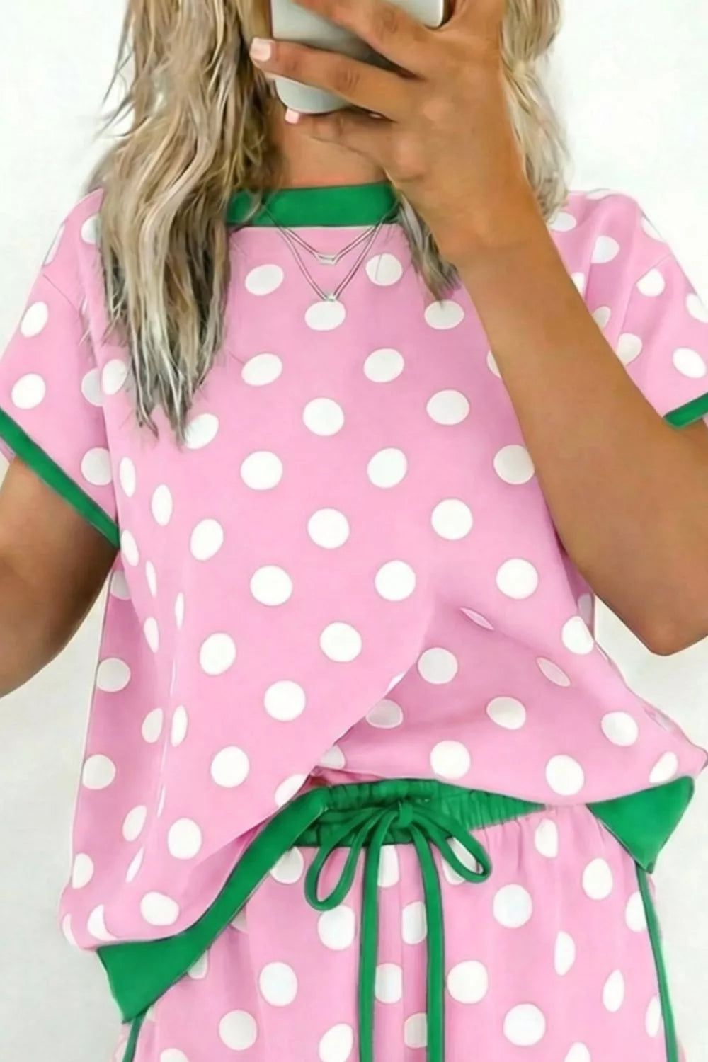 Polka Dot Contrast Trim Top and Drawstring Shorts Set
