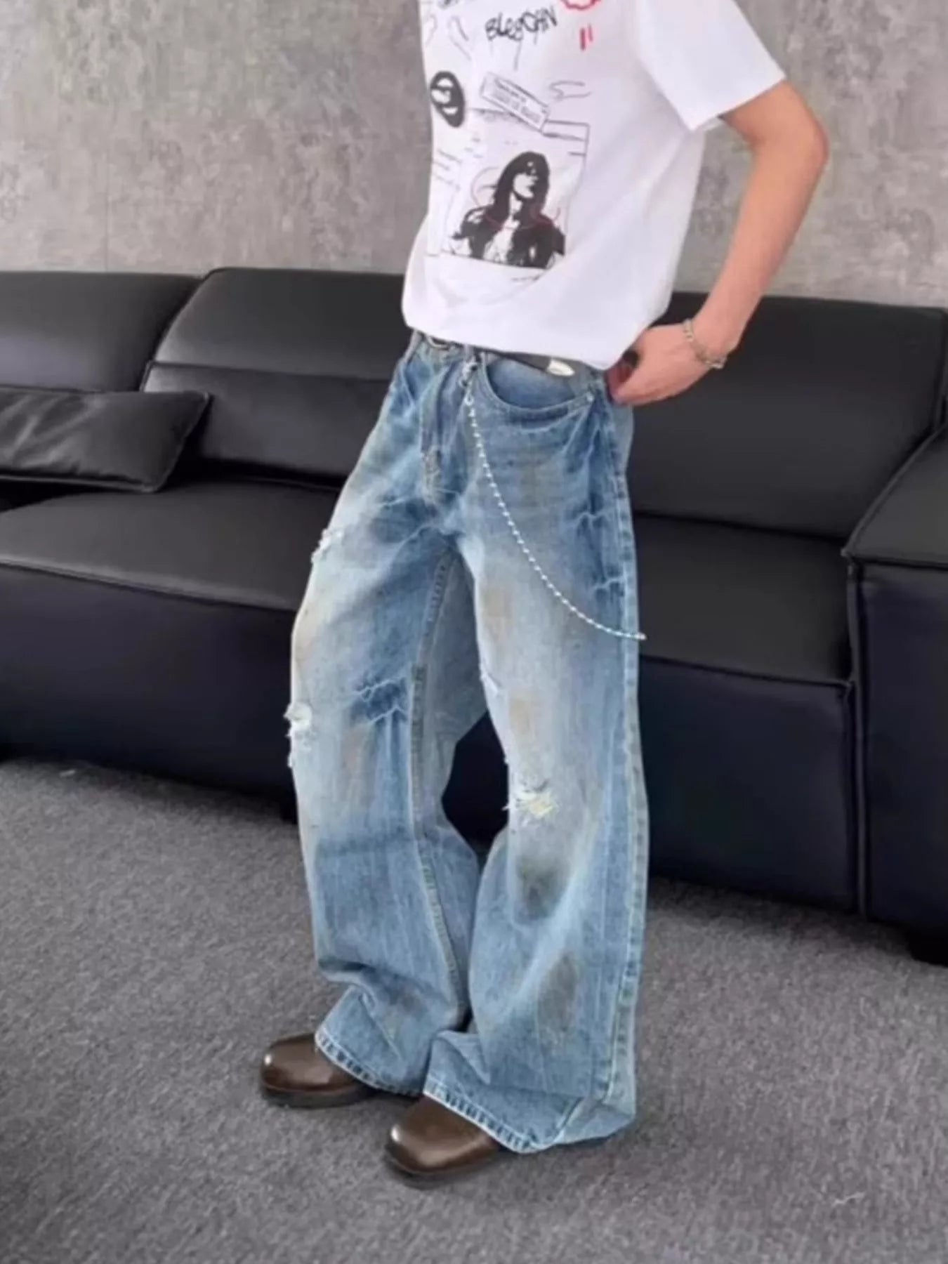 Men's Full Size Distressed Wide Leg Jeans Plus Size