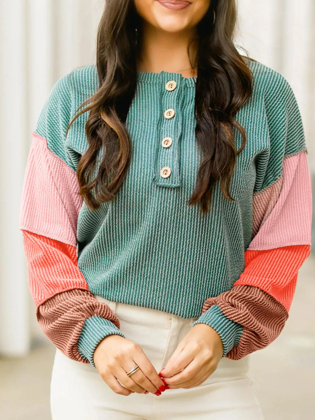 Color Block Ribbed Knit Henley Sweatshirt