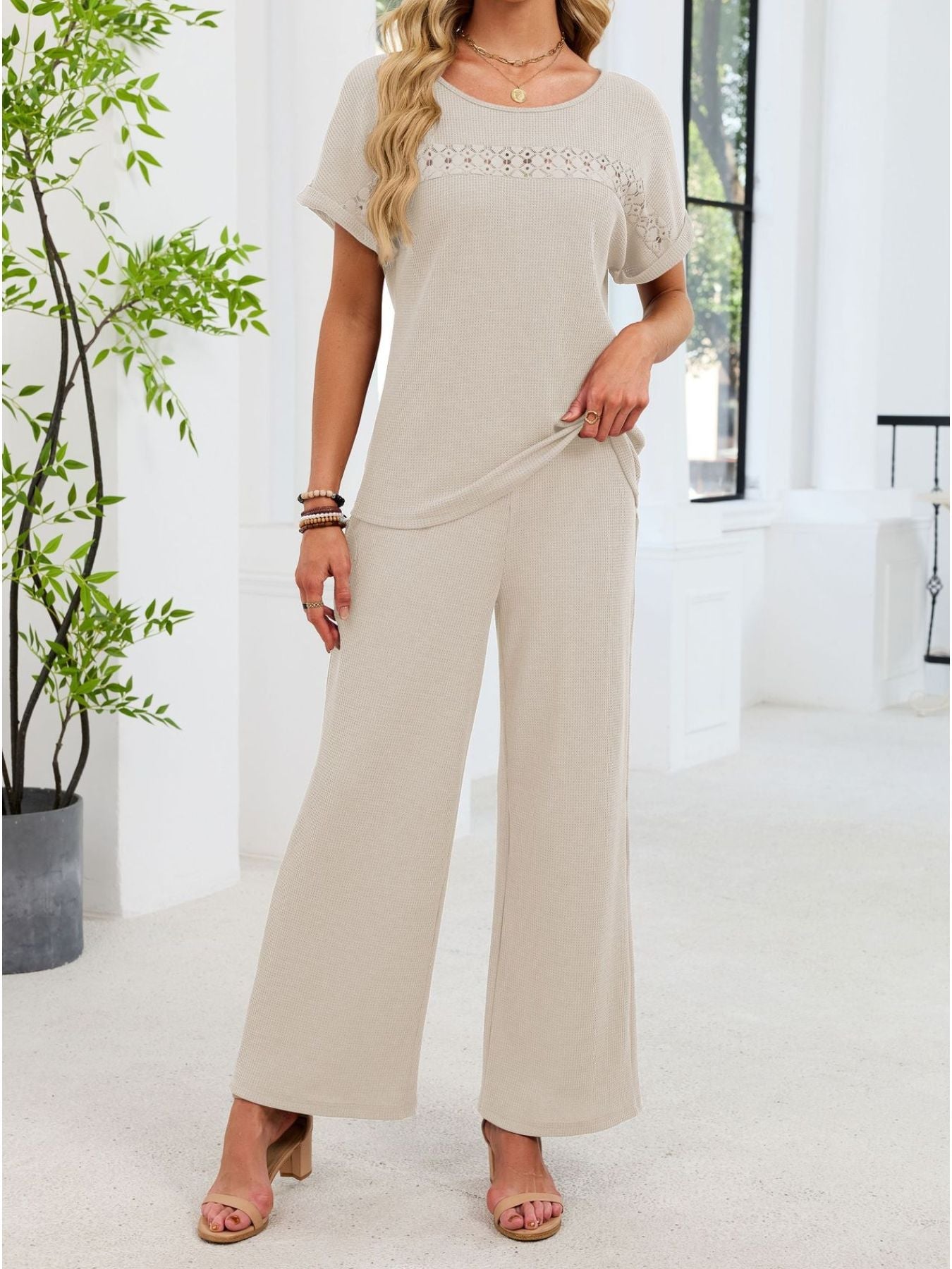 Lace Detail Short Sleeve Top and Pants Set
