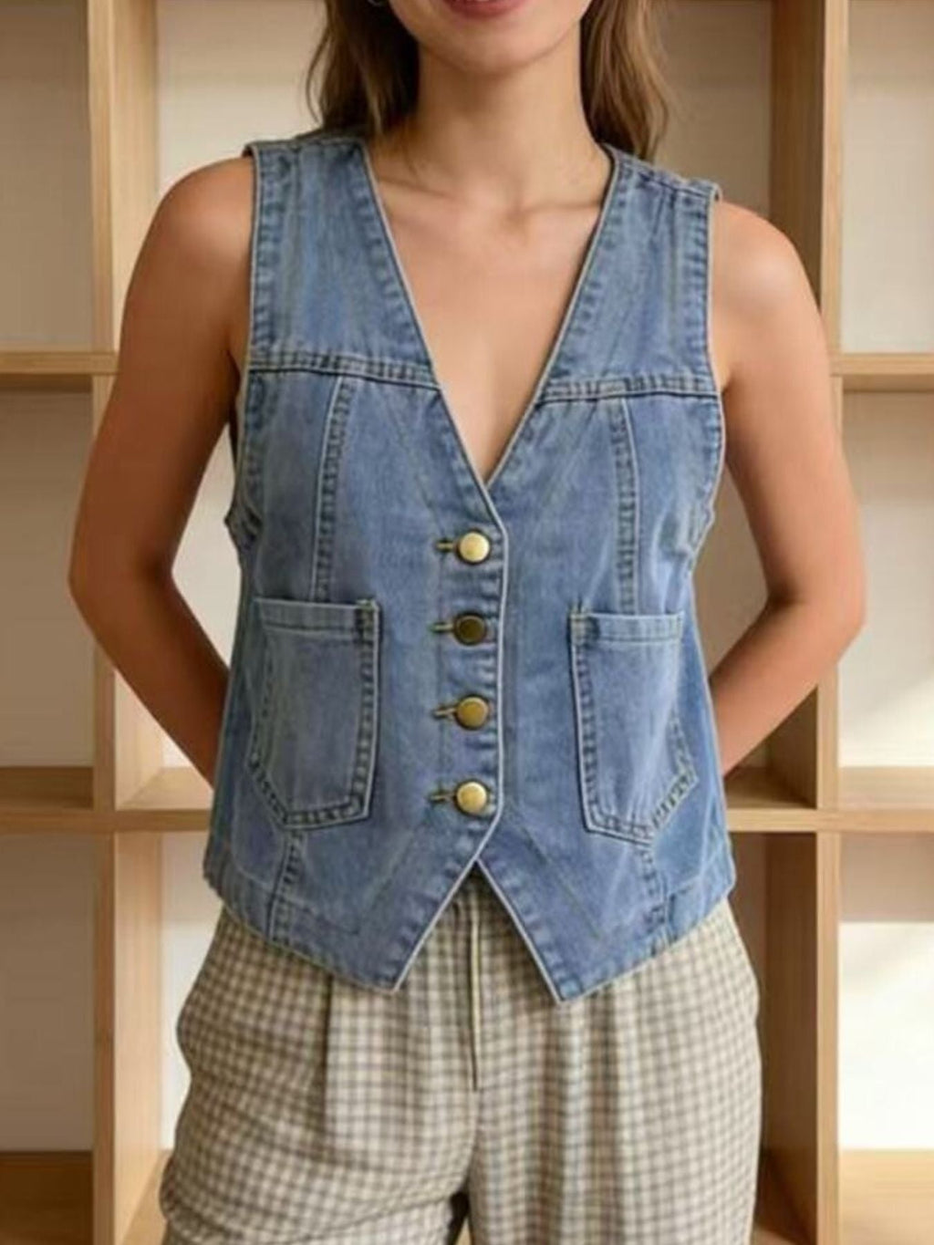 Plus Size Button-Down Denim Vest