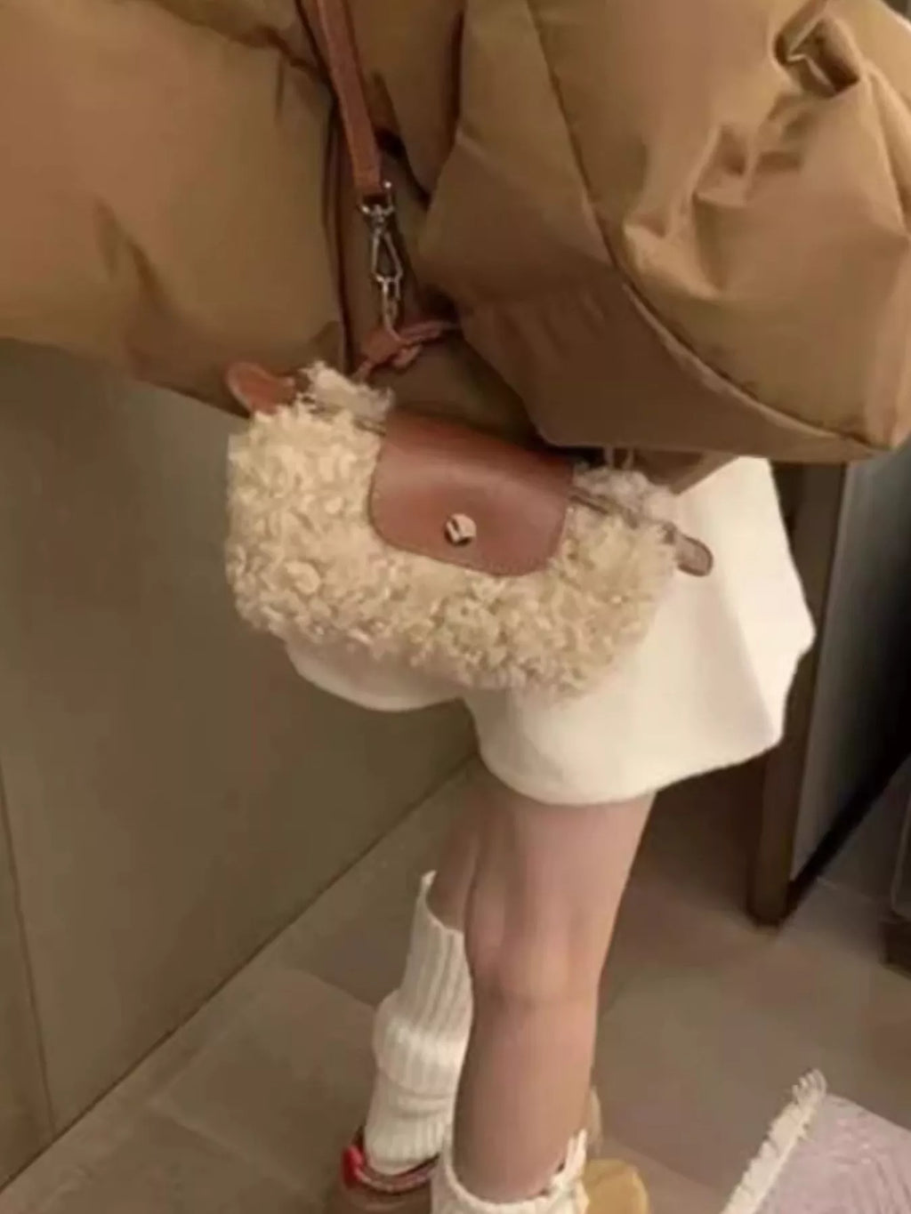 Fluffy Crossbody Bag with Leather Accents