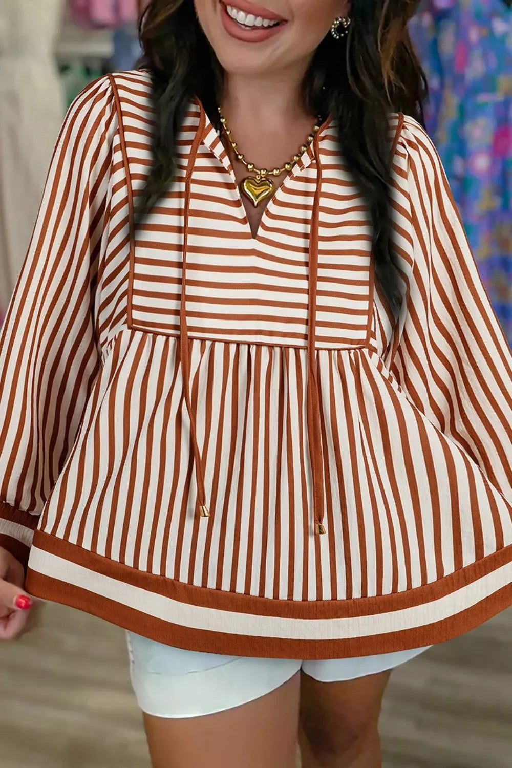 Stripe Babydoll Long Sleeve Blouse