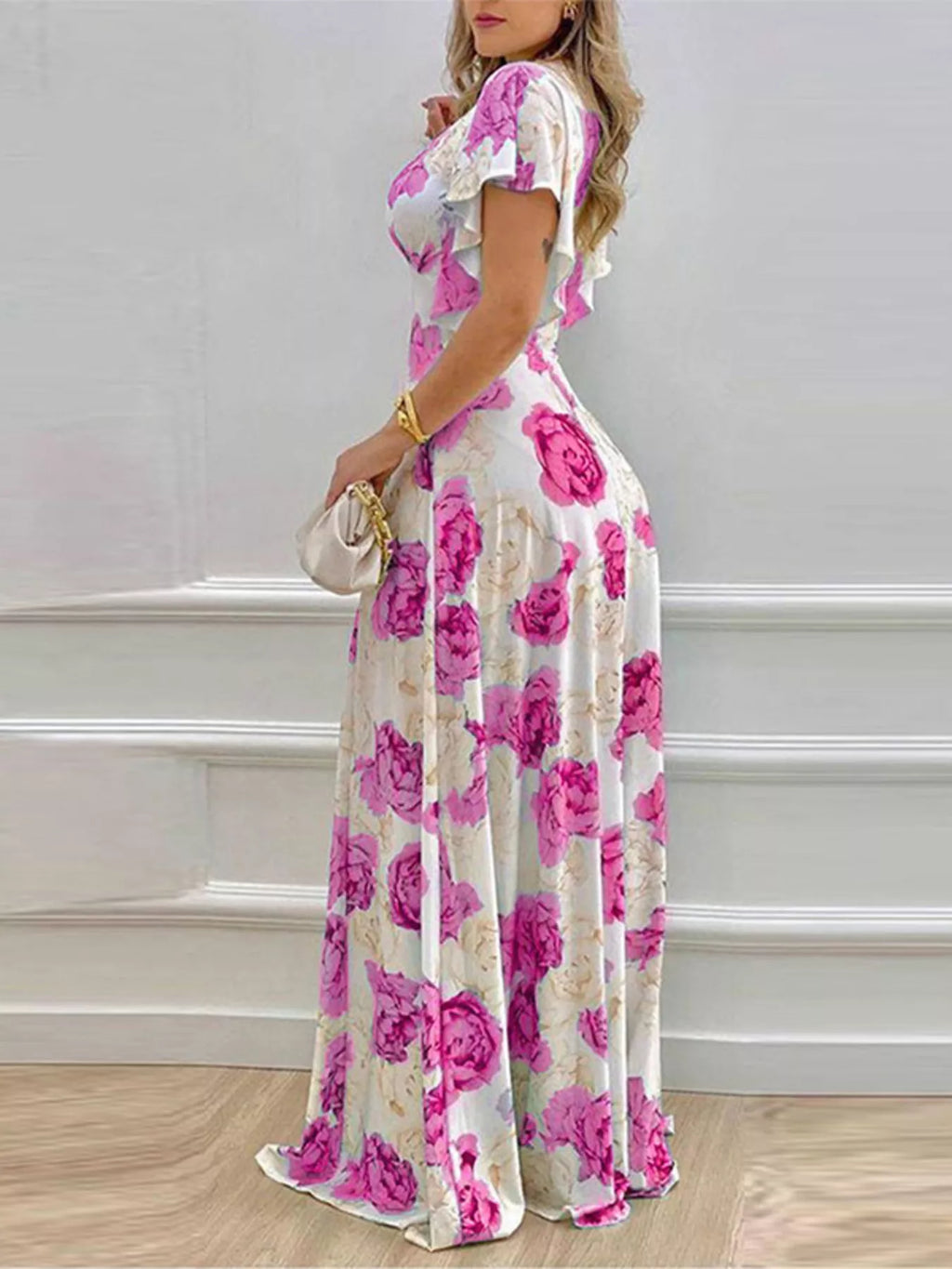 Floral Print V-Neck Ruffle Sleeve Maxi Dress