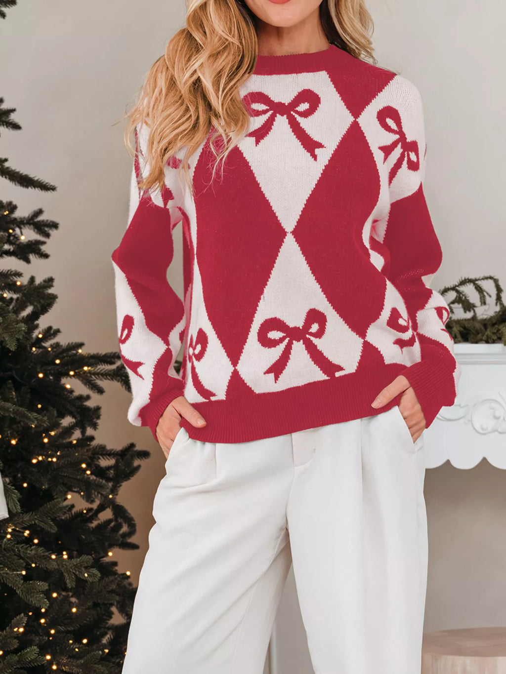 Bow Print 2-Tone Rhombus Knit Loose Sweater
