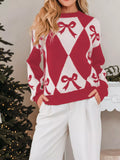 Bow Print 2-Tone Rhombus Knit Loose Sweater