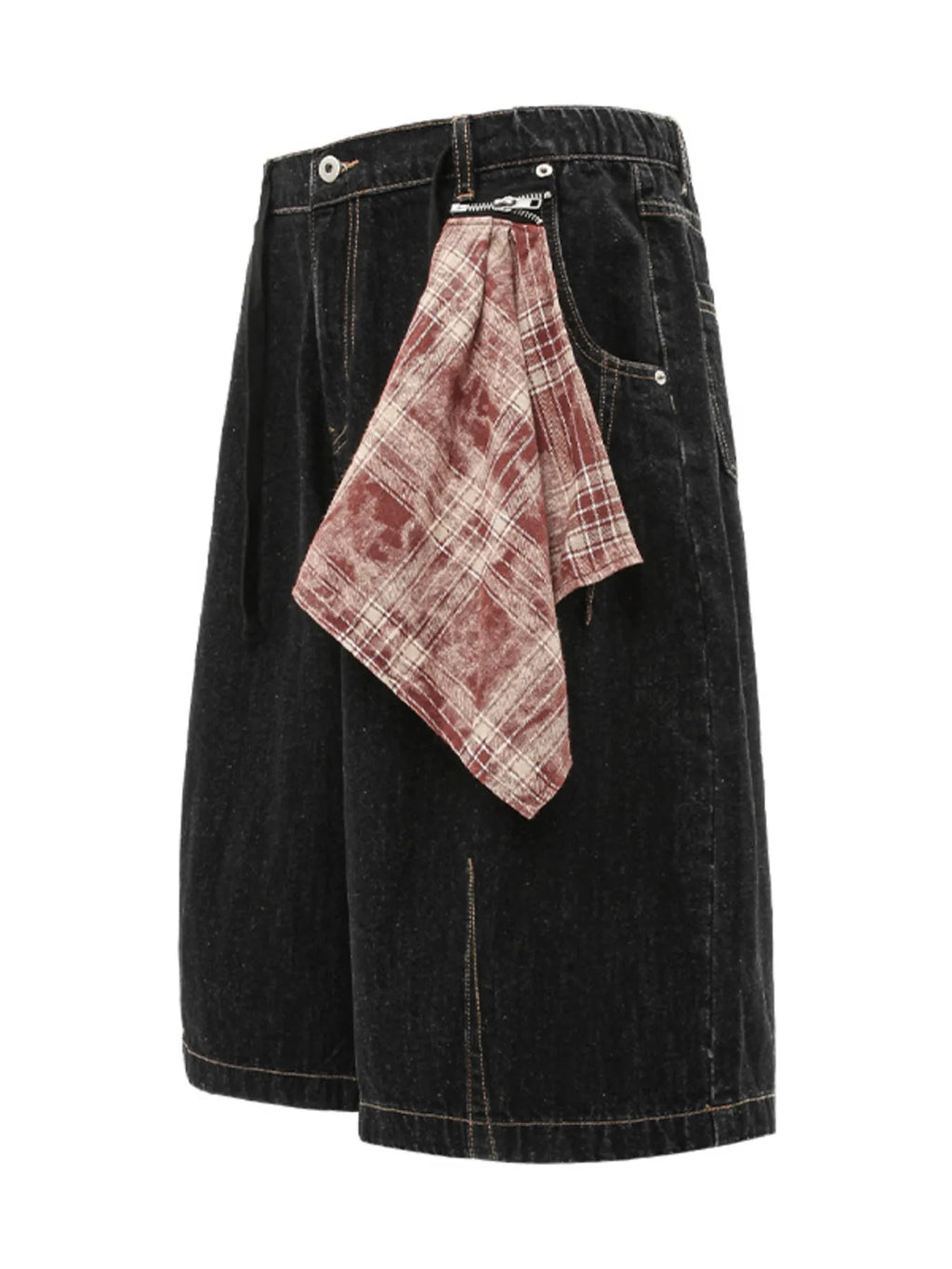 Men's Wide-Leg Denim Shorts with Plaid Accent