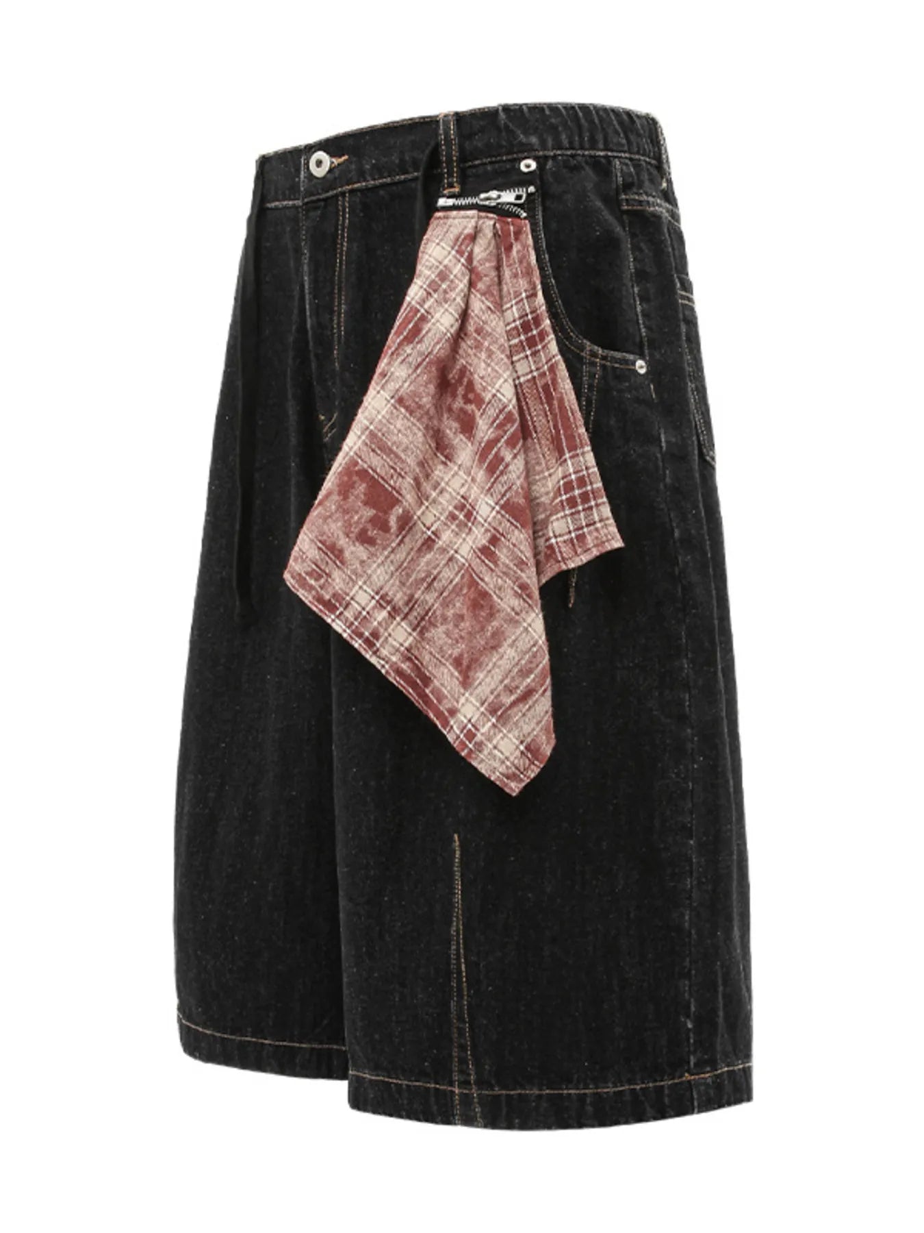 Men's Wide-Leg Denim Shorts with Plaid Accent