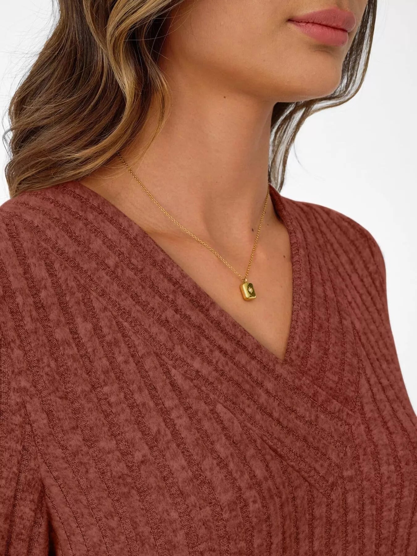Ribbed Knit V-Neck Long Sleeve T-Shirt