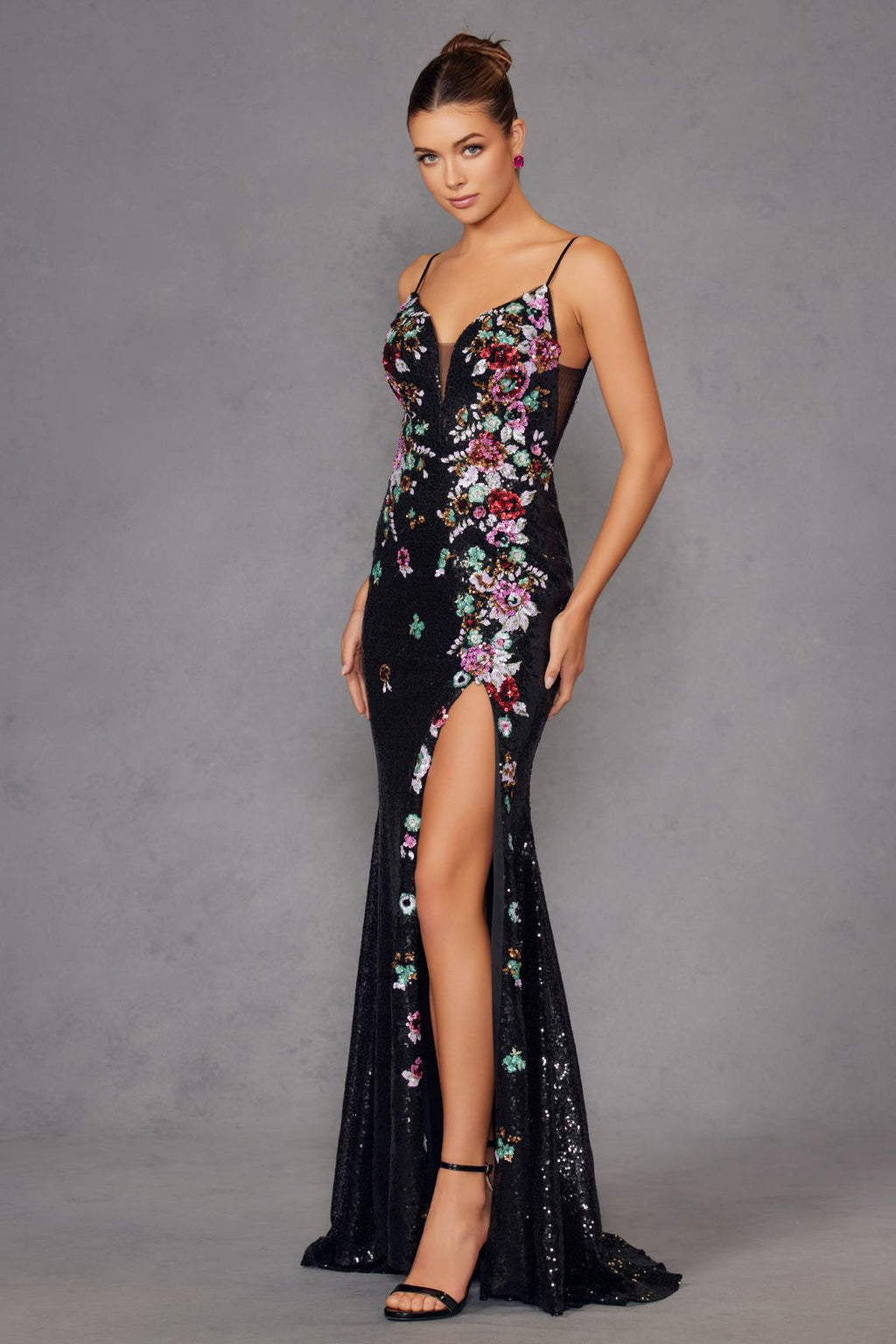 Juliet JT2909K Fitted Floral Embroidery and Sequin Prom Gown
